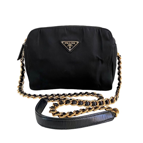 Prada Handbags - PRADA NYLON ZIP-UP POUCH WITH GOLD CROSSBODY CHAIN, BLACK L: 8.5” H: 6” D: 2.75”